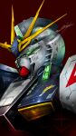  char's_counterattack commentary denjyou23 earth_federation emblem glint glowing glowing_eyes green_eyes gun gundam highres machine_gun mecha mecha_focus mobile_suit no_humans nu_gundam portrait realistic red_background robot science_fiction signature solo v-fin weapon 
