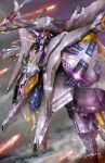  anaheim_electronics battle beam_cannon beam_rifle cloud cloudy_sky commentary_request denjyou23 earth_federation energy_gun flying gundam gundam:_hathaway's_flash highres holding holding_energy_gun holding_weapon mecha mecha_focus mobile_suit no_humans odysseus_gundam penelope_(hathaway's_flash) purple_eyes realistic robot science_fiction shield signature sky v-fin war weapon 