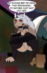 alley alternative_fashion anthro anus bottomwear bottomwear_down canid canid_demon canine choker clothed clothing collar crouching demon ear_piercing english_text female fur gaap genitals grey_hair hair hellaverse hellhound helluva_boss hi_res jewelry loona_(helluva_boss) mammal mythological_canine mythological_creature mythology necklace partially_clothed piercing pooping profanity red_sclera shorts shorts_down solo spiked_collar spikes text toilet_paper vulva white_body white_eyes white_fur