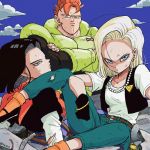  2boys android_16 android_17 android_18 belt black_footwear black_gloves black_hair black_shirt blonde_hair blue_eyes blue_sky bracelet brother_and_sister cloud cloudy_sky commentary_request crossed_arms day denim dirty dirty_clothes dirty_face dragon_ball dragon_ball_z earrings elbow_rest expressionless eyelashes fingernails frown gloves jeans jewelry long_sleeves looking_away looking_back messy_hair multiple_boys neckerchief necklace orange_hair orange_legwear orange_neckwear outdoors pants pearl_necklace red_ribbon_army rock serious shaded_face shirt short_hair siblings single_earring sitting sky socks spiked_hair tkgsize twins twitter_username waistcoat white_shirt 