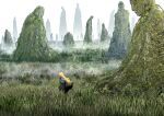  1girl bag blonde_hair coat commentary fog grass grasslands grey_coat long_hair oono_yasuyuki original outdoors overgrown plain plant scenery shoulder_bag solo standing statue tall_grass vines 