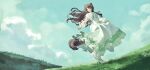  1girl animal_ears brown_hair brown_tail closed_mouth day dog_ears dog_girl dog_tail dress floating_hair full_body grass green_dress green_nails green_ribbon green_theme hair_ornament hairclip heterochromia high_heels highres hill holding_own_dress inui_toko long_dress long_hair looking_at_viewer ma52887610 nail_polish nijisanji outdoors red_eyes ribbon see-through_clothes see-through_sleeves shoes solo tail virtual_youtuber white_shoes yellow_eyes 