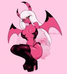 2025 artist_name back_wings bedroom_eyes big_breasts boots breasts choker clothing crouching demon dipstick_horn eyelashes female footwear full_cleavage glistening glistening_breasts glistening_thighs hair hands_behind_back heart_(marking) hellaverse helluva_boss hi_res high_heeled_boots high_heels horn horn_markings humanoid jeny_312 jewelry legwear long_eyelashes long_hair markings membrane_(anatomy) membranous_wings multicolored_horn narrowed_eyes necklace not_furry pink_background pink_body pink_eyes pink_horn pink_skin pose pupils seductive shoes simple_background slit_pupils small_waist solo star_(marking) succubus text thigh_boots thigh_highs thong_straps twitter_handle verosika_mayday white_hair wide_hips wings yellow_sclera