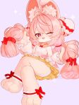  1girl ahoge alternate_costume animal_ear_fluff animal_ears braid braided_twintails bright_pupils commentary_request crossed_legs dress furry furry_female hair_ornament highres long_hair looking_at_viewer one_eye_closed open_mouth pink_background pink_fur pink_hair rabbit_ears rabbit_girl red_eyes revision short_eyebrows simple_background sitting solo sphere_hair_ornament thick_eyebrows twin_braids uixy white_dress white_pupils zenless_zone_zero zhao_(zenless_zone_zero) 