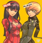  2girls absurdres amagi_yukiko artist_name biker_clothes bikesuit black_hair black_scarf bodysuit breasts brown_hair catsuit commentary comolaveson cosplay cowboy_shot english_commentary highres long_hair looking_at_viewer multiple_girls niijima_makoto niijima_makoto_(cosplay) no_mask panther_(persona_5) persona persona_4 persona_5 queen_(persona_5) red_bodysuit satonaka_chie scarf short_hair shoulder_spikes simple_background spikes standing takamaki_ann takamaki_ann_(cosplay) yellow_background 