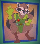 abstract_background alternate_version_at_paywall anthro black_nose brown_body brown_fur bulge claws clothing crouching digital_drawing_(artwork) digital_media_(artwork) fangs finger_wag fur gavanzude gloves green_clothing green_leotard guardians_of_the_galaxy handwear hi_res leotard male mammal marvel multicolored_body multicolored_fur muscular procyonid raccoon red_eyes rocket_raccoon short signature smug solo stripes teeth uniform