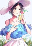  black_hair blue_shirt bracelet breasts cleavage collarbone cup drinking_straw earrings hat hayami_kanade holding holding_cup idolmaster idolmaster_cinderella_girls ilo jewelry looking_at_viewer necklace pink_hat shirt short_hair signature skirt small_breasts solo standing sun_hat white_skirt yellow_eyes 