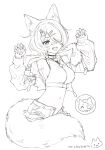  1girl absurdres animal_ear_fluff animal_ears artist_name bandaid bandaid_on_face bandaid_on_nose blush breasts commentary dot_nose elira_pendora elira_pendora_(6th_costume) english_commentary fangs fingerless_gloves fur-trimmed_jacket fur_trim gloves hair_over_one_eye half-jacket highres jacket looking_at_viewer medium_breasts midriff milkuriem navel nijisanji nijisanji_en off_shoulder paw_pose pikl_(elira_pendora) short_hair solo spot_color stomach tail virtual_youtuber wolf_ears wolf_tail 