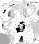  1girl animal_hands animal_hood bear_hood blue_archive book border coat coat_dress commentary copyright_logo copyright_name copyright_notice dress dropping english_commentary fur-trimmed_coat fur-trimmed_hood fur_trim gloves greyscale guest_art halo highres hiyo_kiki hood logo long_hair long_sleeves momiji_(blue_archive) monochrome open_mouth outside_border paw_gloves reaching second-party_source signature solo tearing_up white_border white_coat white_gloves winter_clothes 