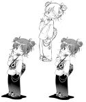  1girl bag baggy_pants blush_stickers boots chain collar commentary_request double_bun greyscale hair_bun hair_ornament highres making-of monochrome one_eye_closed original pants sleeves_past_wrists smile star_(symbol) star_hair_ornament sugimura_(sugiyan) sweater 