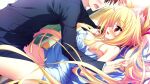  1boy 1girl all_fours amagi_karin animal_ears black_jacket black_pants blonde_hair blush breasts brown_hair cleavage dutch_angle faceless faceless_male fang fox_ears from_side game_asset jacket large_breasts leg_between_thighs light_smile long_hair long_sleeves looking_at_another lying magical_marriage_lunatics!! naked_towel non-web_source nose_blush off_shoulder on_back pants profile red_eyes sakurasaka_tsuchiyu towel visual_novel_cg w_arms 