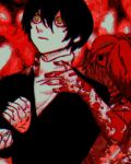  1boy 1girl black_hair black_jacket blood blood_on_clothes blood_on_hand charles_eyler commentary ghj0231 hair_between_eyes hair_over_one_eye hallucination hands_on_another's_neck hello_charlotte highres imminent_attack intentional_jpeg_artifacts jacket medium_hair red_hair scarlett_eyler shirt short_hair turtleneck turtleneck_shirt white_shirt wide-eyed yellow_eyes 