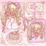  1girl back_bow bell blonde_hair blush_stickers bow bowtie brown_eyes cake chibi chinese_commentary choker cinnamon_stick closed_eyes commentary_request commission cropped_torso dot_nose dress drill_hair english_commentary eyes_visible_through_hair fanning_self food gloves gown hair_bow hair_ornament happy heart highres holding holding_heart hot infinity_nikki large_bow long_dress long_hair mixed-language_commentary multiple_views neck_bell nikki_(series) open_mouth pink_background pink_bow pink_bowtie pink_dress pink_gloves pink_ribbon_waltz_(infinity_nikki) pink_theme plate pleated_dress postage_stamp red_choker sample_watermark shadow shell shell_hair_ornament smile star_(symbol) strapless strapless_dress striped_bow striped_bowtie striped_clothes sweat tareme twin_drills twintails very_long_hair watermark whimstar_(infinity_nikki) yarn yufeng69273 