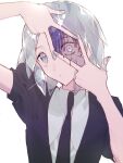  1other androgynous aqua_eyes aqua_hair aqua_nails black_necktie blue_hair closed_mouth collared_shirt commentary_request constricted_pupils crystal_hair double_w dual_persona gem_uniform_(houseki_no_kuni) glint hands_up head_tilt houseki_no_kuni looking_at_viewer nail_polish necktie other_focus phosphophyllite phosphophyllite_(ll) portrait puffy_short_sleeves puffy_sleeves revealing_layer shirt short_hair short_sleeves simple_background solo soudadesu sparkle upturned_eyes w white_background white_eyes white_shirt wide-eyed 