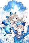  1boy 1girl alice_(deemo) apron artist_self-insert blue_bow blue_cross_tie blue_dress blue_gloves blue_jacket blue_shoes blue_shorts blue_theme bow braid braided_sidelocks brother_and_sister brown_hair c2_v closed_eyes collared_dress collared_shirt commentary_request cross_tie deemo dress gloves hair_bow hans_(deemo) highres holding_hands jacket korean_commentary long_dress long_hair long_sleeves musical_note musical_staff open_mouth pantyhose shirt shoes short_hair shorts siblings sidelocks sitting_on_shoulder smile suit white_apron white_pantyhose 