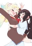  2girls :d animification antenna_hair arms_around_another's_waist blonde_hair blue_dress blue_hair brown_dress brown_hair carrying carrying_person commentary_request dress flower gradient_hair hair_flower hair_ornament hasu_no_sora_school_uniform highres kan_kanna long_hair long_sleeves love_live! love_live!_hasu_no_sora_jogakuin_school_idol_club mayocha_(mayoke_chaya) medium_dress multicolored_hair multiple_girls multiple_seasonal_school_uniforms neckerchief open_mouth osawa_rurino outstretched_arms parted_bangs pink_flower pleated_dress puffy_short_sleeves puffy_sleeves real_life red_neckerchief sailor_collar sailor_dress school_uniform short_sleeves simple_background smile solo_focus twintails v-shaped_eyebrows virtual_youtuber voice_actor voice_actor_connection white_background white_sailor_collar winter_uniform 