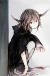  1girl blood brown_hair female hasunokaeru hood hoodie horns messy_hair original short_hair solo squatting tail 