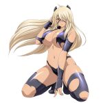  1girl ahoge between_legs black_horns black_leotard black_thighhighs blonde_hair blush breasts brown_eyes catsuit closed_mouth full_body game_asset hair_over_one_eye hand_between_own_legs hand_in_own_hair hand_up horns ikkitousen ikkitousen_extra_burst kneeling large_breasts leotard long_hair looking_at_viewer musashibou_benkei_(ikkitousen) navel non-web_source official_art one_eye_covered self-datamine simple_background single_bare_shoulder solo stomach thighhighs torn_clothes torn_leotard torn_thighhighs transparent_background variant_set 