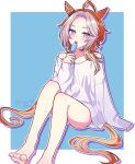  ahoge animal_ears bare_arms bare_shoulders barefoot blush collarbone colored_bangs commentary_request ear_covers highres horse_ears horse_girl horse_tail long_hair long_sleeves looking_at_viewer multicolored_hair open_mouth orange_hair orfevre_(umamusume) purple_eyes shibamochi_(rain178straw) shirt single_ear_cover sitting sweat tail two-tone_hair umamusume white_hair white_shirt 