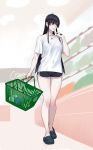  1girl bare_legs basket black_hair black_shoes breasts collarbone commentary_request crocs dolphin_shorts ear_piercing earrings full_body hair_ornament hand_up heel_up highres holding holding_basket jewelry jigokumaru_akira legs long_hair medium_breasts piercing scar scar_on_face shoes short_shorts short_sleeves shorts sidelocks sketch_background solo star_(symbol) taimanin_(series) taimanin_rpgx thighs very_long_hair yuuji_(and) 