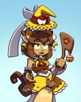  1girl alt_text alternate_costume bell body_fur bow broom brown_fur brown_hair cat_girl cat_tail claws commentary discount-supervillain dress english_commentary fang furry furry_female gameoverse hat highres holding holding_broom jingle_bell kaboodle_(gameoverse) kit_bodega magical_girl open_mouth pawpads tail whiskers 