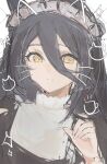  1girl animal_ears cat_ears closed_mouth commentary drawn_ears frilled_headwear hair_between_eyes highres horse_ears horse_girl light_smile long_hair_between_eyes maid_headdress manhattan_cafe_(umamusume) mi_loop1 shirt solo split_mouth twitter_username umamusume white_shirt yellow_eyes 