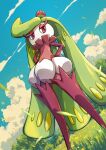  absurdres cloud commentary_request day falling_leaves fish.boy grass hands_on_own_hips highres leaf looking_down outdoors pokemon pokemon_(creature) pokemon_focus red_eyes sky solo standing tsareena 