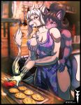 anthro aprons bite breast_grab breasts canid canine canis cookie dnp101 dragon female femboy food hand_on_breast hi_res male mammal mythological_creature mythological_scalie mythology scalie wolf