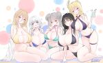  5girls ahoge aqua_bikini azur_lane bikini black_hair blonde_hair blue_bikini blue_eyes braid braided_bun breasts choker cleavage commentary_request double_bun flower formidable_(azur_lane) formidable_(the_lady_of_the_beach)_(azur_lane) green_eyes grey_hair hair_between_eyes hair_bun hair_flower hair_ornament highres huge_breasts illustrious_(azur_lane) implacable_(azur_lane) indomitable_(azur_lane) livetarica long_hair looking_at_viewer multiple_girls official_alternate_costume official_alternate_hairstyle purple_eyes red_eyes ship_class_reunion sideboob swimsuit thighs underboob victorious_(azur_lane) white_hair 