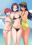  3girls absurdres amate_yuzuriha arm_up baseball_cap bikini black_bikini black_hair blue_eyes blue_hair blue_sky breasts cleavage closed_mouth cloud commentary_request comoli_harcourt criss-cross_halter eyewear_on_head green_hat green_jacket gundam gundam_gquuuuuux halterneck hand_on_another's_shoulder hat heart heart-shaped_eyewear highres jacket kinomiki long_hair medium_breasts mole mole_under_eye multiple_girls navel nyaan_(gundam_gquuuuuux) one-piece_swimsuit one_eye_closed open_clothes open_jacket open_mouth outdoors pink-tinted_eyewear purple-tinted_eyewear red_hair revision short_hair skinny sky stomach sunglasses swimsuit tinted_eyewear underboob v white_bikini yellow_eyes yellow_one-piece_swimsuit 