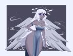 2025 6_wings angel angel_humanoid armband artist_name back_wings bare_shoulders big_breasts black_lips blue_armband blue_choker blue_clothing blue_dress blue_eyes blue_jewelry blue_necklace blue_sclera border breasts choker cleavage clothed clothing dress emily_(hazbin_hotel) eyelashes feathered_wings feathers female glistening glistening_body glistening_breasts glistening_shoulders glistening_skin grey_background grey_body grey_skin grin hair halo hand_behind_back hazbin_hotel hellaverse hi_res humanoid jeny_312 jewelry lips long_hair looking_at_viewer multi_wing necklace not_furry pelvic_curtain seraph_(angel) simple_background small_waist smile solo strapless_clothing strapless_dress text thick_thighs twitter_handle white_border white_hair winged_humanoid wings