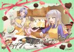  1boy 2girls apron aqua_streaks baking baking_sheet blonde_hair blue_hair blue_sweater book cake cherry chocolate collared_shirt colored_inner_hair commentary cupboard dog_girl english_commentary explosion food fruit green_background green_eyes grey_hair grey_sweater grid_background hairband happy_valentine holding holding_book holding_pastry_bag holding_spatula indoors kitchen_scale long_hair long_sleeves medium_hair milan_kestrel mitarashi-dan mole mole_under_eye mole_under_mouth multicolored_hair multiple_girls nijisanji open_mouth oven pastry_bag pink_shirt shioriha_ruri shirt spatula streaked_hair sweater sweets tachitsute_toto ten0u0 twitter_username virtual_youtuber weighing_scale whisk yellow_apron yellow_eyes 