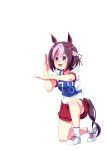  :d animal_ears brown_hair eyebrows_visible_through_hair full_body gym_uniform highres horse_ears horse_tail kneeling looking_away multicolored_hair open_mouth pink_hair purple_eyes red_shorts shoes short_hair short_sleeves shorts simple_background smile socks solo special_week tail tanabe_kyou two-tone_hair umamusume white_background white_footwear 