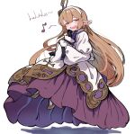  1girl ascot dress earrings floating floating_hair full_body gloves gown granblue_fantasy granblue_fantasy:_relink hair_ornament hairband harvin high_heels highres jewelry large_earrings long_hair long_sleeves maglielle_(granblue_fantasy:_relink) musical_note open_mouth pointy_ears red_eyes simple_background solo teeth vinsycal white_background white_gown white_hairband 
