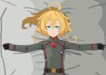  1girl ahoge belt black_gloves blonde_hair blue_eyes blush brown_belt closed_mouth gloves green_jacket hair_between_eyes highres jacket kurokimoko long_hair looking_at_viewer lying military_jacket military_uniform on_back ponytail solo tanya_degurechaff upper_body youjo_senki 