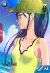  1girl bare_shoulders beach character_name collarbone earrings gundam gundam_arsenal_base gundam_gquuuuuux hat jewelry long_hair looking_at_another nyaan_(gundam_gquuuuuux) official_alternate_costume official_art one-piece_swimsuit outdoors purple_hair swimsuit yellow_eyes yellow_one-piece_swimsuit 