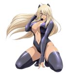  1girl ahoge between_legs black_horns black_leotard black_thighhighs blonde_hair breasts brown_eyes catsuit full_body game_asset hair_over_one_eye hand_between_own_legs hand_in_own_hair hand_up horns ikkitousen ikkitousen_extra_burst kneeling large_breasts leotard long_hair looking_at_viewer musashibou_benkei_(ikkitousen) navel non-web_source official_art one_eye_covered open_mouth plunging_neckline self-datamine simple_background solo thighhighs transparent_background variant_set 