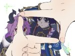  1girl 2boys ahoge belt black_belt black_jacket black_shirt black_shorts black_veil blue_cape blue_eyes blue_hat blunt_ends bridal_gauntlets bright_pupils cape dragon_boy dragon_horns durin_(genshin_impact) empty_eyes fingernails flower genshin_impact glitch gold_necklace green_flower hair_between_eyes hands_up hat heterochromia highres horns jacket jewelry jingasa looking_at_viewer male_focus mandarin_collar mitsudomoe_(shape) multiple_boys nahida_(genshin_impact) necklace parted_bangs pom_pom_(clothes) pov pov_hands purple_eyes purple_hair red_eyes rope scaramouche_(genshin_impact) scaramouche_(harbinger)_(genshin_impact) see-through_clothes see-through_veil shirt short_hair short_sleeves shorts sidelocks simple_background sui5x3 teeth tomoe_(symbol) upper_body veil wanderer_(genshin_impact) white_background white_pupils 