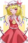  1girl 2934527737 absurdres ascot blonde_hair bow breasts collared_shirt commentary crystal crystal_wings drawn_ears drawn_whiskers fang flandre_scarlet frilled_shirt_collar frills hat hat_bow heart heart_hands highres long_hair looking_at_viewer mob_cap multicolored_wings one_eye_closed one_side_up open_mouth puffy_short_sleeves puffy_sleeves red_bow red_eyes red_skirt red_vest shirt short_sleeves skin_fang skirt skirt_set small_breasts smile solo touhou vest white_hat white_shirt wings yellow_ascot 