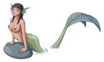  1girl blue_eyes breasts dark_hair isolated long_hair looking_at_viewer mermaid monster_girl nipples nude png scales smile transparent_background 