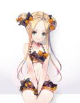  abigail_williams_(fate/grand_order) bangs between_legs bikini black_bow blonde_hair blue_eyes blush bow collarbone cowboy_shot double_bun emerald_float fate/grand_order fate_(series) flat_chest hair_bow hand_between_legs long_hair looking_at_viewer miwabe_sakura navel orange_bow parted_bangs polka_dot polka_dot_bow sidelocks simple_background sitting smile solo swimsuit white_background white_polka_dots 