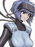  1girl black_bodysuit bob_cut body_armor bodysuit breasts cable close-up closed_mouth commentary covered_collarbone expressionless eyelashes ghost_in_the_shell hair_between_eyes head-mounted_display highres inverted_bob kusanagi_motoko large_breasts looking_ahead pink_lips purple_hair red_eyes short_hair sidelocks simple_background solo tayu_(kgjagdpx) the_ghost_in_the_shell_(2026) thick_eyebrows upper_body white_background 