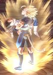  2boys angry_expression armor aura black_shorts blonde_hair dragon_ball_legends fore318 multiple_boys shallot_(dragon_ball) shorts super_saiyan tail yellow_tail 