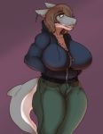  big_breasts breasts clothing ear_piercing female fish huge_breasts izzy223 marine piercing platinum_fang shark smile solo sweater sweatshirt thick_thighs voluptuous wide_hips 