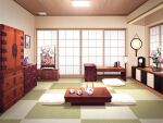  artist_request ceiling_light checkered_floor clock cup drawer floral_print flower game_asset indoors no_humans non-web_source official_art picture_frame pillow pink_flower sono_hanabira_ni_kuchizuke_wo table teapot variant_set visual_novel_cg white_flower yunomi 