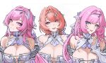  3girls bare_shoulders blue_eyes breasts bunnyoki cleavage color_connection commentary company_connection cosplay cyrene_(demiurge)_(honkai:_star_rail) cyrene_(honkai:_star_rail) detached_sleeves diamond-shaped_pupils diamond_(shape) dress elf elysia_(honkai_impact) english_commentary hair_color_connection highres honkai:_star_rail honkai_(series) honkai_impact_3rd inoue_marina large_breasts long_hair looking_at_viewer medium_hair mihoyo mole mole_on_breast multicolored_hair multiple_girls pink_hair pointy_ears purple_eyes remielle_dan remielle_dan_(cosplay) simple_background smile symbol-shaped_pupils two-tone_hair upper_body very_long_hair voice_actor_connection white_background white_dress white_hair yanning zenless_zone_zero 