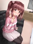  bangs blush breasts brown_eyes brown_hair brown_legwear collarbone commentary_request couch eyebrows_visible_through_hair flat_screen_tv flower hair_flower hair_ornament hand_up head_tilt highres idolmaster idolmaster_cinderella_girls indoors long_hair long_sleeves looking_at_viewer ogata_chieri on_couch pantyhose parted_lips pink_flower pink_shirt pleated_skirt shirt sidelocks sitting skirt small_breasts solo table television twintails u2_(5798239) white_skirt 