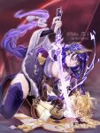  1boy 1girl aether_(genshin_impact) ahoge angry artist_name blonde_hair blunt_bangs blurry blurry_background braid breasts bridal_gauntlets cleavage clenched_teeth closed_mouth couple crop_top defeat depth_of_field electricity english_commentary expressionless fighting genshin_impact girl_on_top gloves glowing glowing_eyes glowing_sword glowing_weapon gradient_hair hair_between_eyes hair_ornament hetero highres hoyolab_username japanese_clothes katana kneeling knees_up large_breasts leaning_forward lingerie looking_at_viewer looking_down looking_up lying mitsudomoe_(shape) mole mole_under_eye multicolored_hair neck_ribbon off_shoulder on_back orange_eyes pants purple_eyes purple_hair purple_thighhighs raiden_shogun red_background red_ribbon red_sash ribbon rockinlatin sash scarf serious shade short_sleeves single_braid streaked_hair sword teeth thick_thighs thighhighs thighs tomoe_(symbol) toned toned_male underwear upper_body vs watermark wavy_hair weapon white_scarf wide_sleeves 