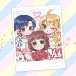  3girls ahoge amami_haruka beamed_eighth_notes blonde_hair blue_hair blush bouquet brown_hair chiwawa174 closed_mouth commentary earrings flower food green_eyes grin hair_ribbon heart highres holding holding_bouquet hoshii_miki idolmaster idolmaster_(classic) idolmaster_million_live! idolmaster_million_live!_theater_days jewelry kisaragi_chihaya long_hair looking_at_viewer multiple_girls musical_note one_eye_closed onigiri pink_flower pink_ribbon pink_rose ribbon rose short_hair smile star_(symbol) untranslatable_commentary 