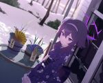 1girl back_bow backlighting bare_tree billbung blue_archive blurry blurry_background blush bow breasts broken_window building closed_mouth cowboy_shot day depth_of_field drum_(container) dutch_angle floral_print flower folding_fan frilled_sleeves frills from_side game_asset grass hair_between_eyes hair_flower hair_intakes hair_ornament hairband halo hand_fan haruka_(blue_archive) haruka_(new_year)_(blue_archive) highres japanese_clothes kadomatsu kimono long_sleeves looking_at_viewer medium_hair nervous new_year non-web_source obi official_art outdoors plant purple_eyes purple_hair purple_hairband purple_halo purple_kimono raised_inner_eyebrows rust sash self-datamine shadow sidelocks small_breasts snow solo tree wide_sleeves window winter 